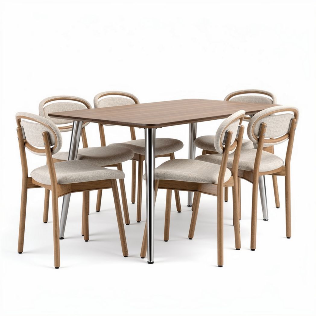 Table rectangulaire en bois avec 6 chaises rembourrées en tissu 120 x 80 x 75cm