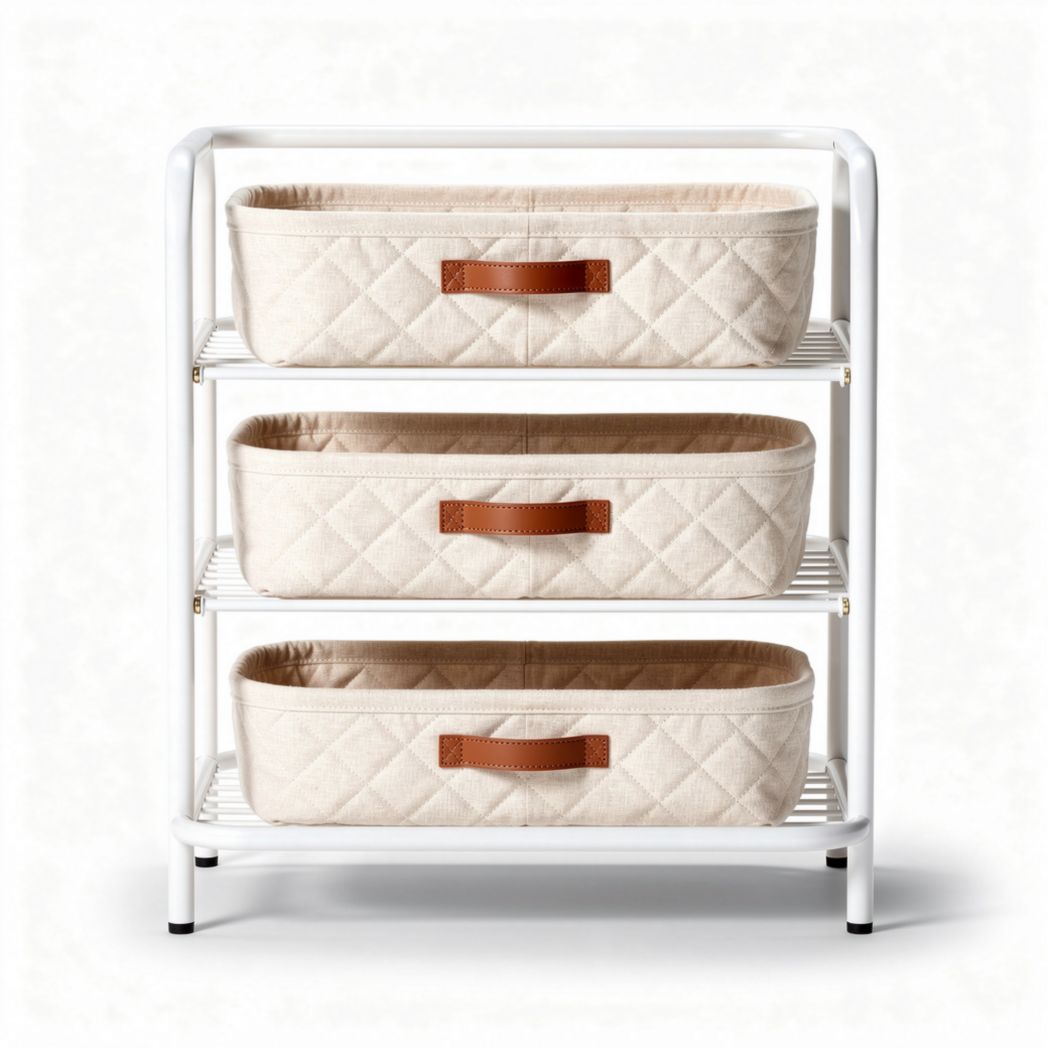 Étagère de rangement en métal blanc avec trois paniers en lin 75 x 40 x 90cm