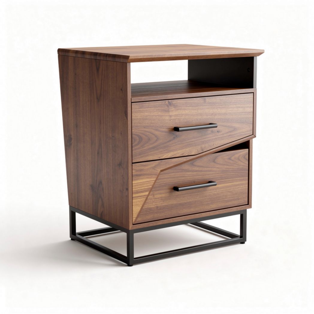 Table de nuit en bois clair avec 2 tiroirs et structure métallique 45 x 40 x 60cm