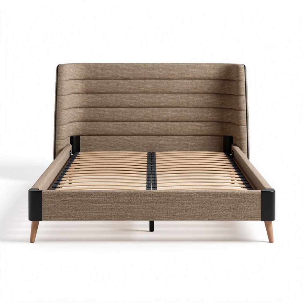 Lit avec tête de lit en tissu beige et cadre en bois 200 x 160 x 100cm