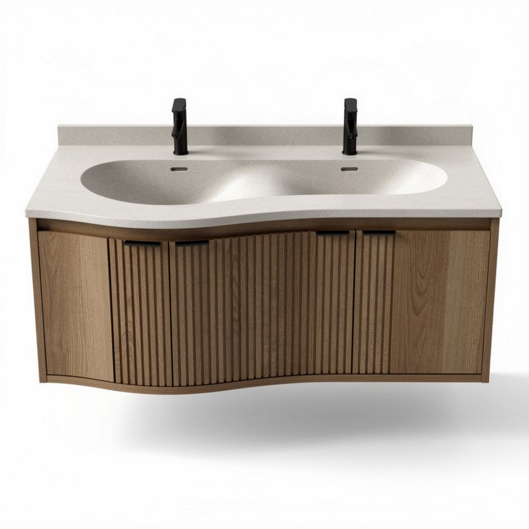 Meuble de salle de bains en bois avec double vasque et finition beige 90 x 50 x 60cm