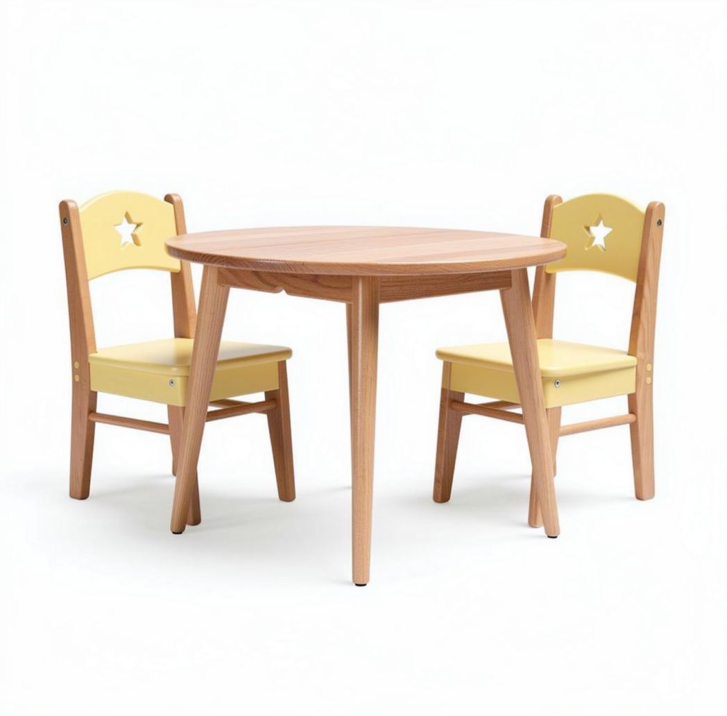 Table ronde en bois avec deux chaises jaunes pour enfants 80 x 80 x 70cm
