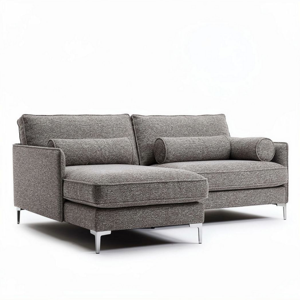 Canapé d'angle en tissu gris avec coussins roulés 220 x 90 x 85cm